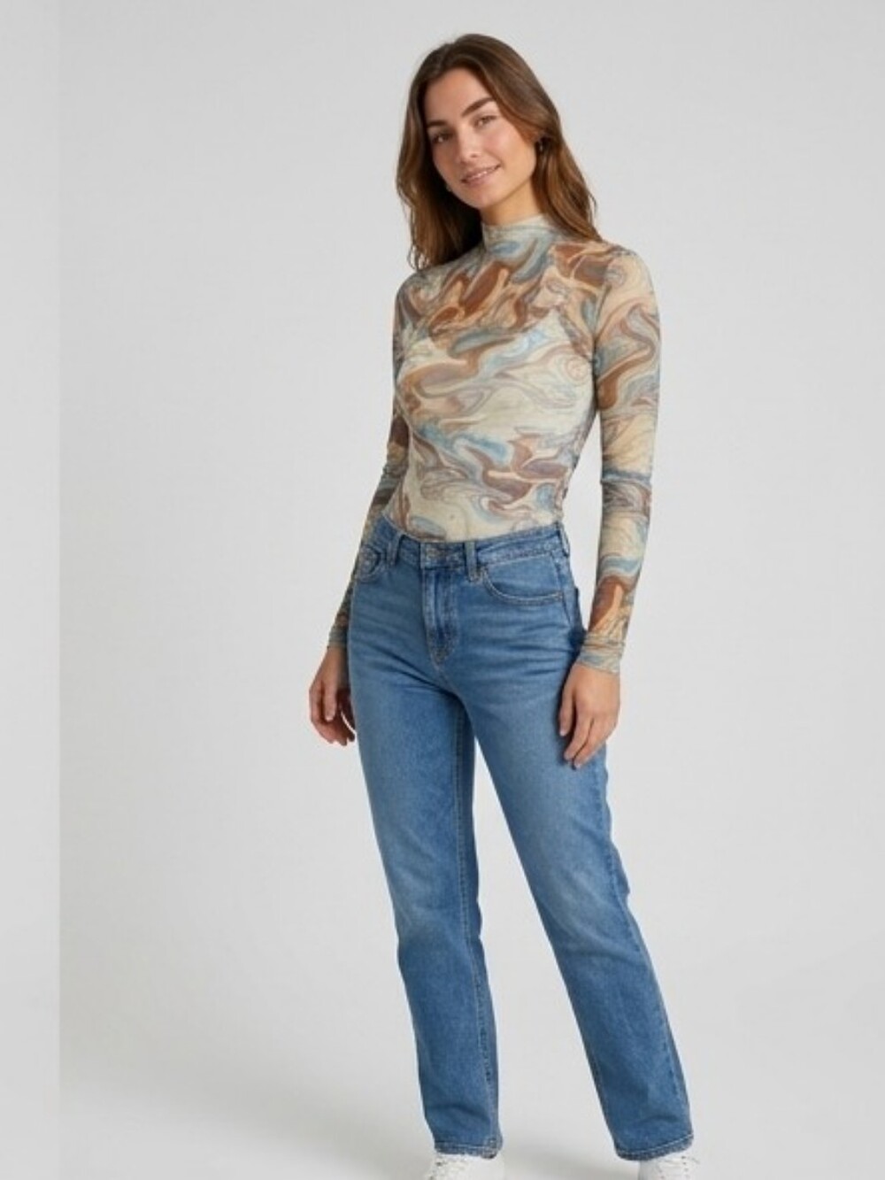 Sheer Marble Print Long Sleeve Top in Cream, Rust & Light Blue